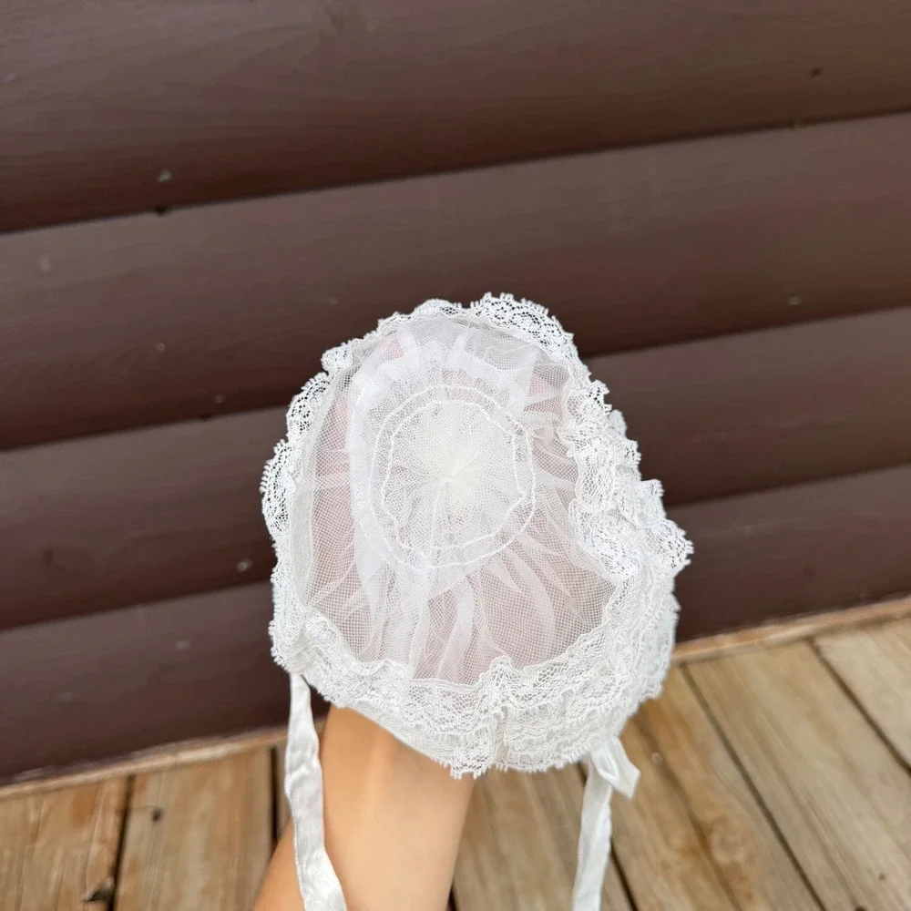 Vintage Lace Bonnet Baby White Tiered Ruffle Ribbon Tie Baptism Christening